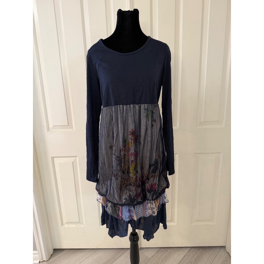 Navy Blue Floral Patchwork Layered Tunic Dress Long Sleeve Sz S